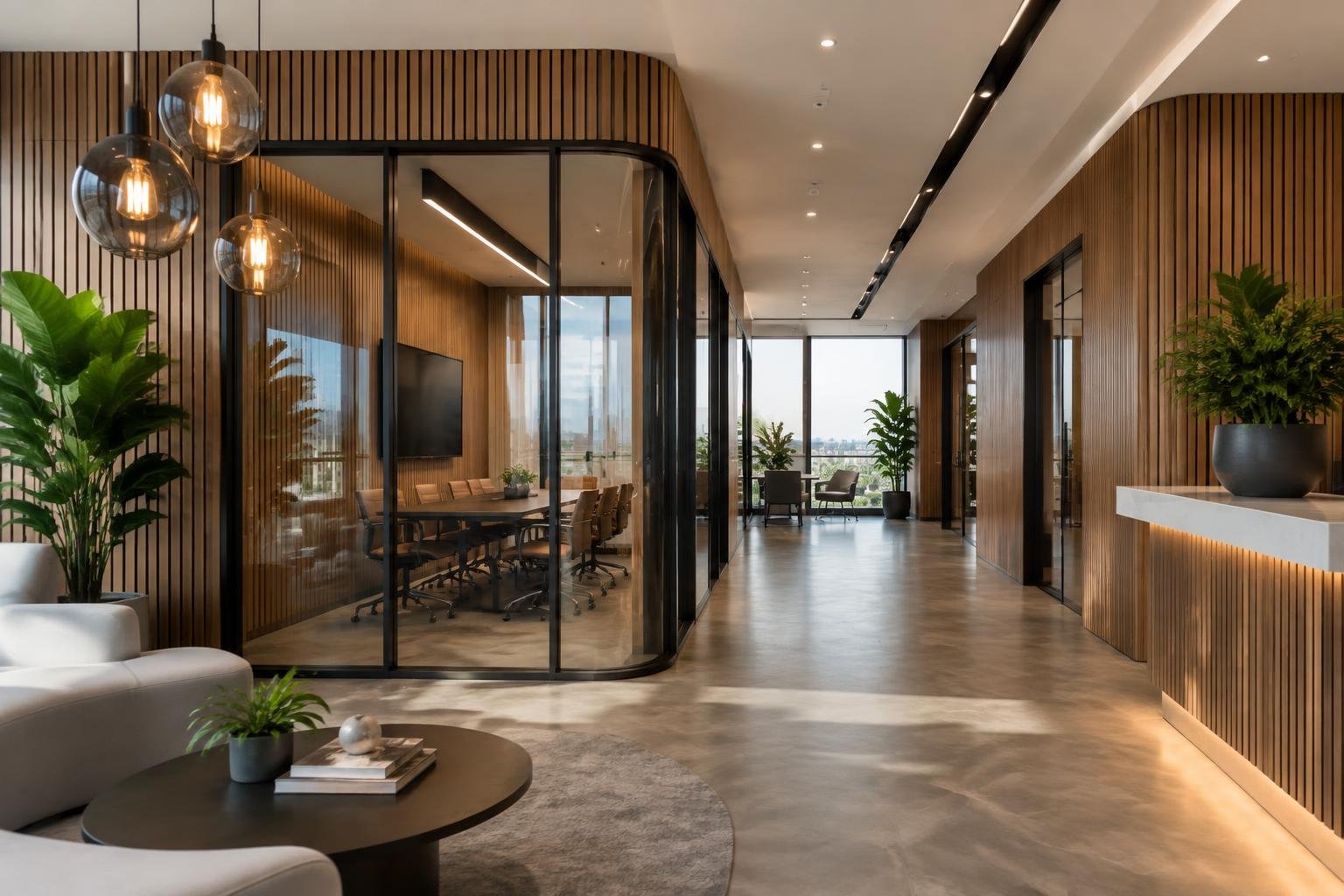 Modern commercial office interior with warm wood and glass partitions