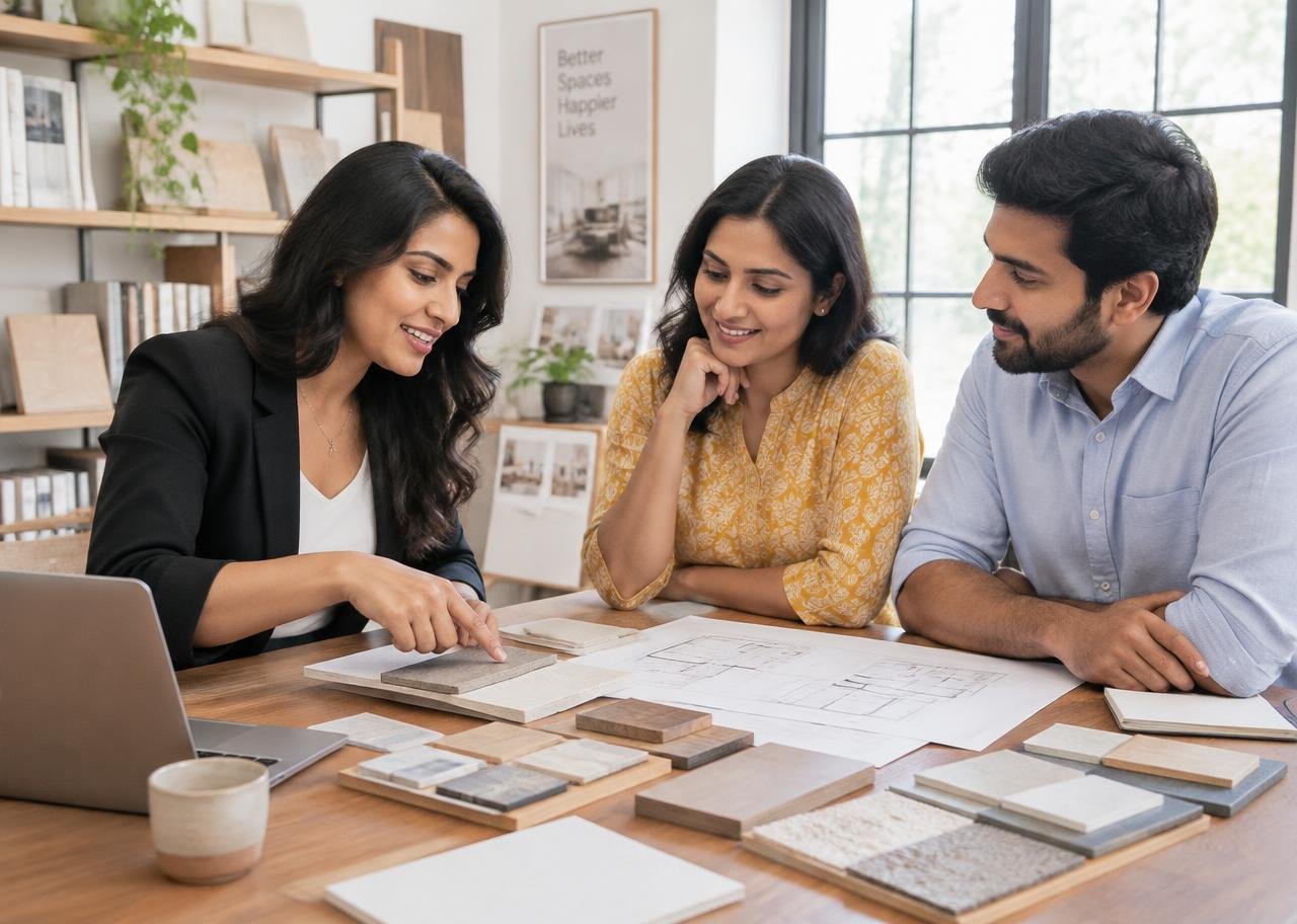 An A+A Interior designer reviewing material samples with clients