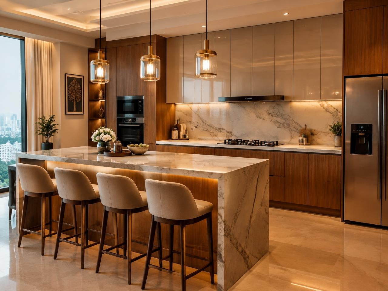 Island modular kitchen with warm wood cabinetry and stone counter
