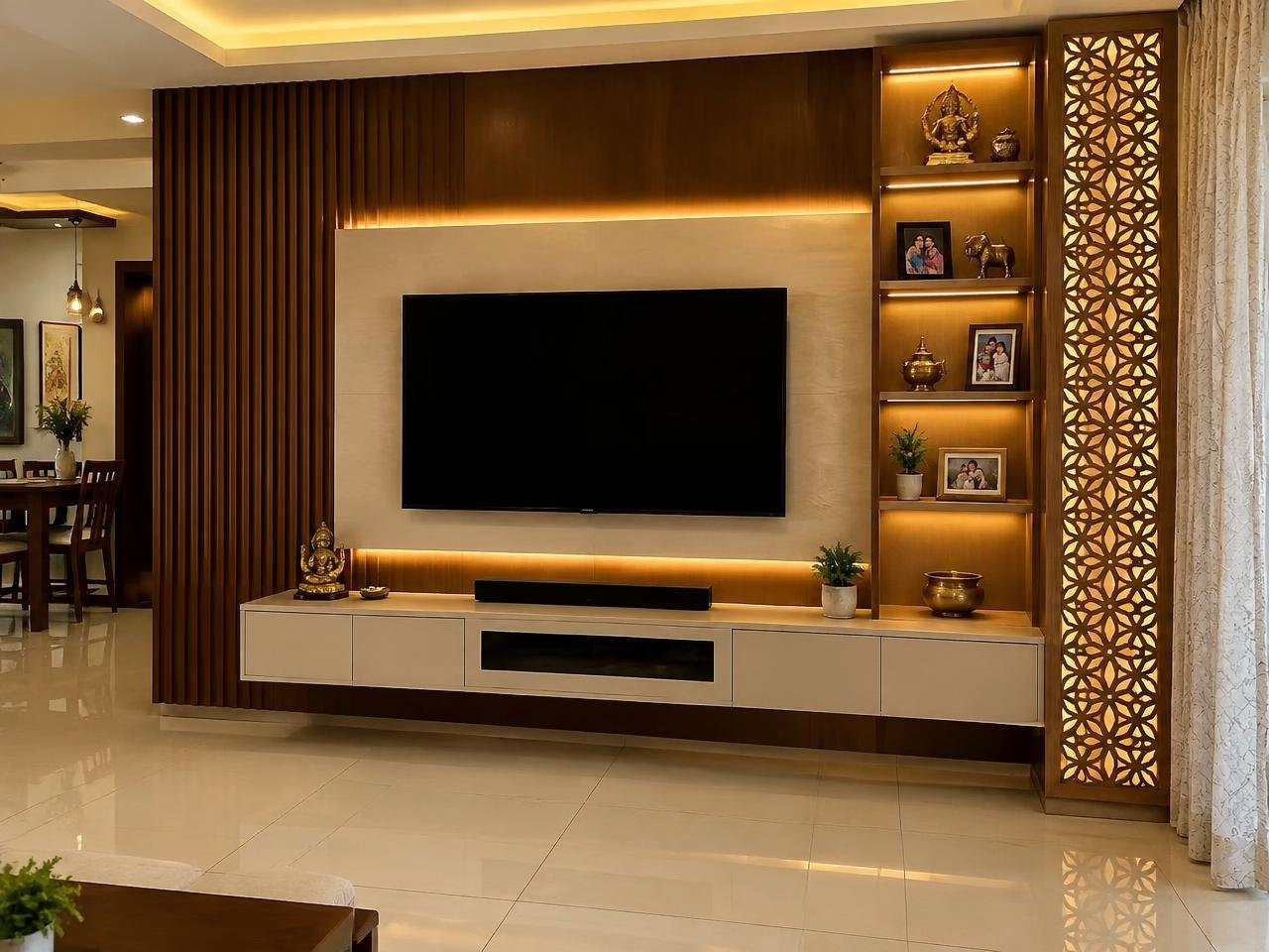 Minimalist living room with fluted TV unit and layered lighting