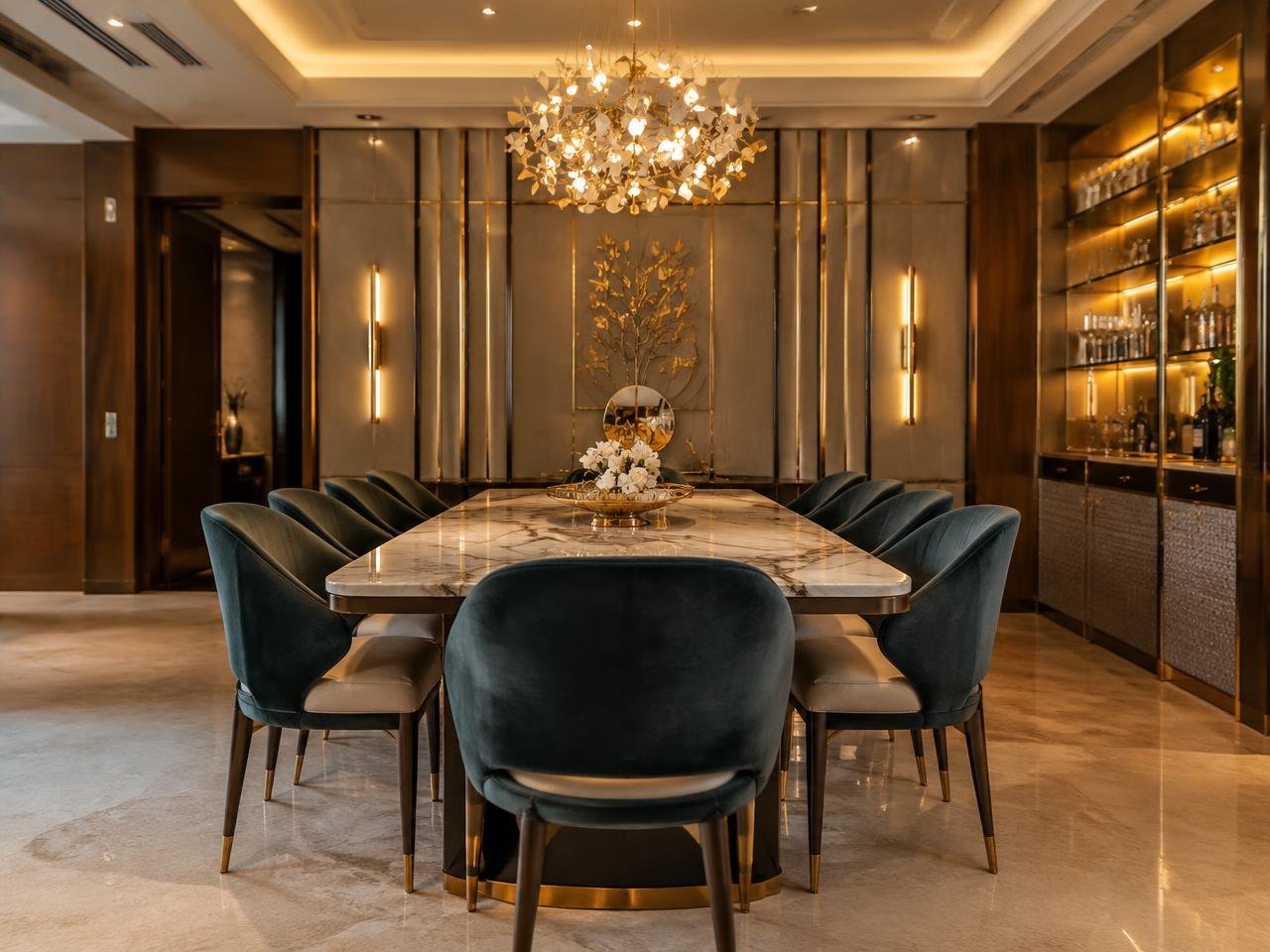 Luxury dining room with statement chandelier and veneer panelling