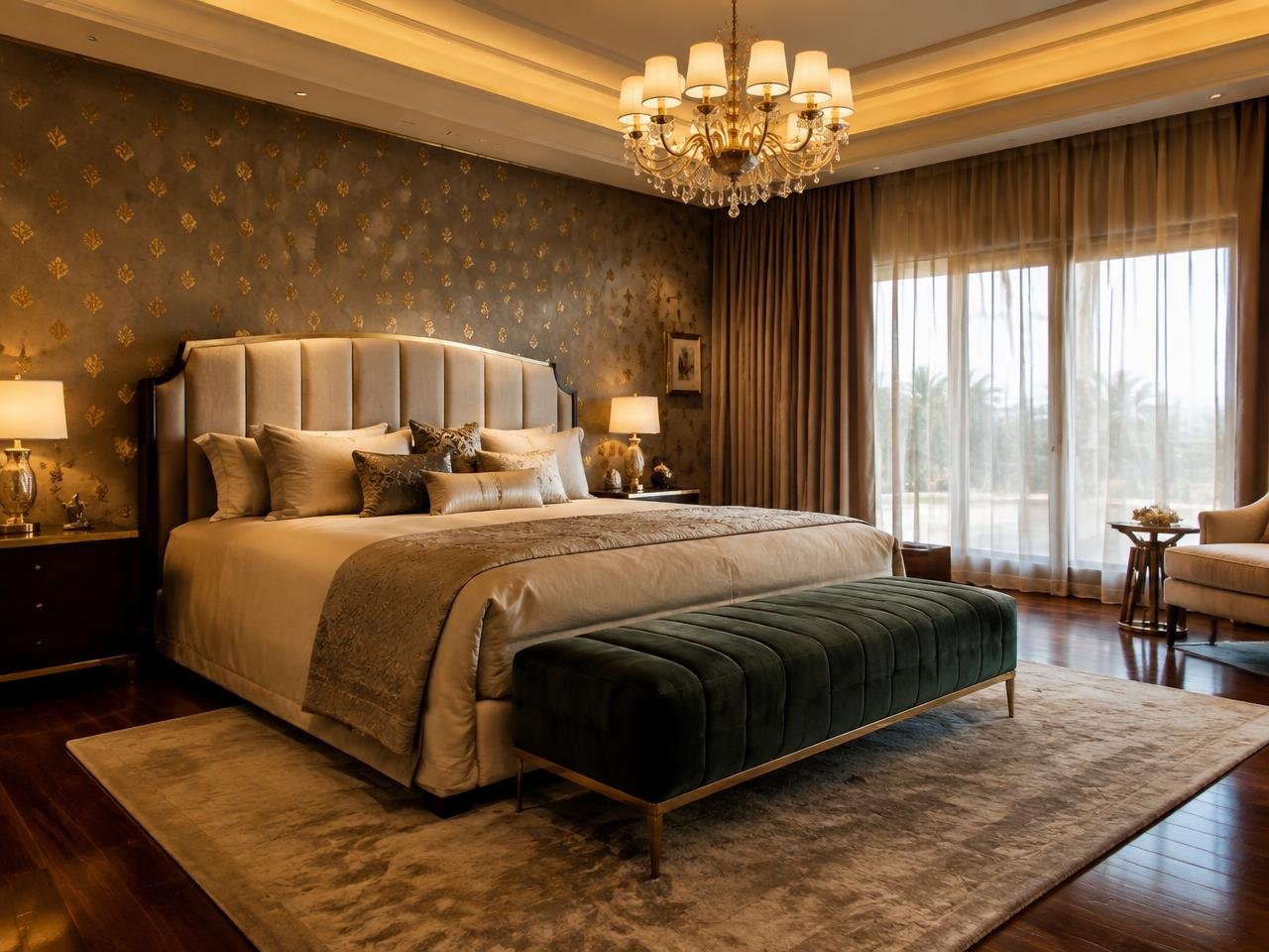 Luxury master bedroom with upholstered bed back panel and cove lighting
